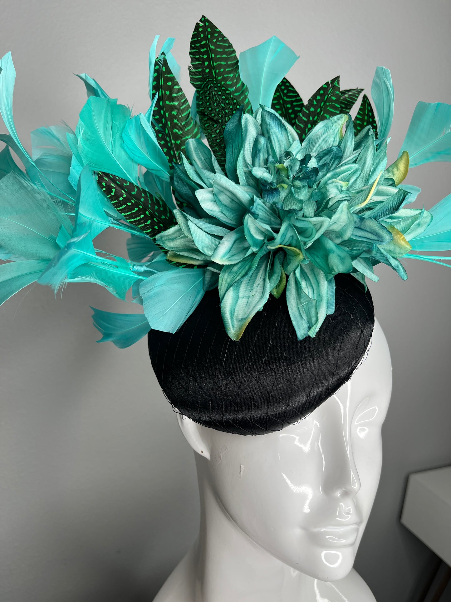 Black  Fascinator with Aqua Blue Green Florals and Turquoise Feathers Hat Kentucky Derby