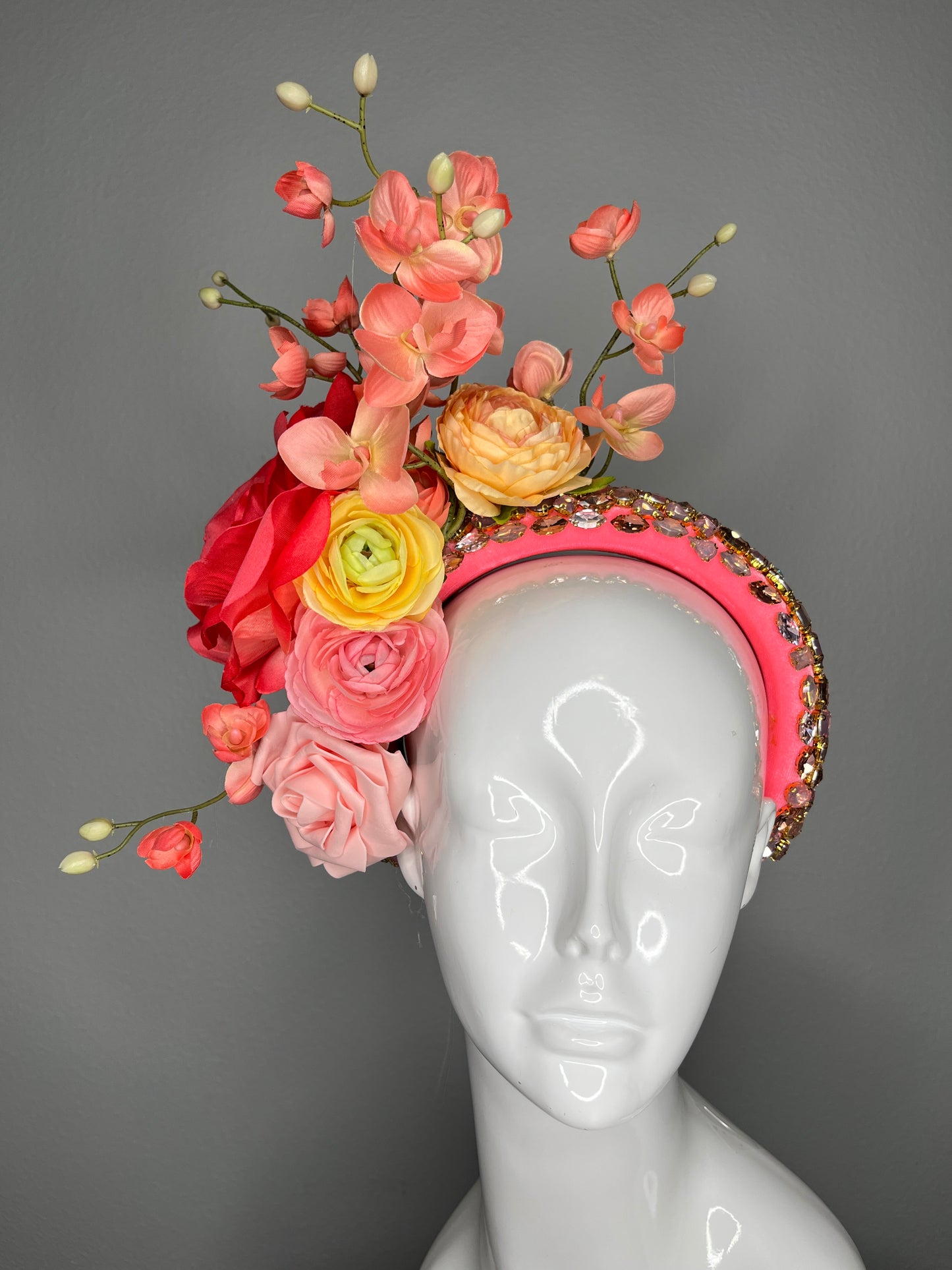 Coral and Pink Floral Fascinator with Yellow Blooms and Jeweled Headband