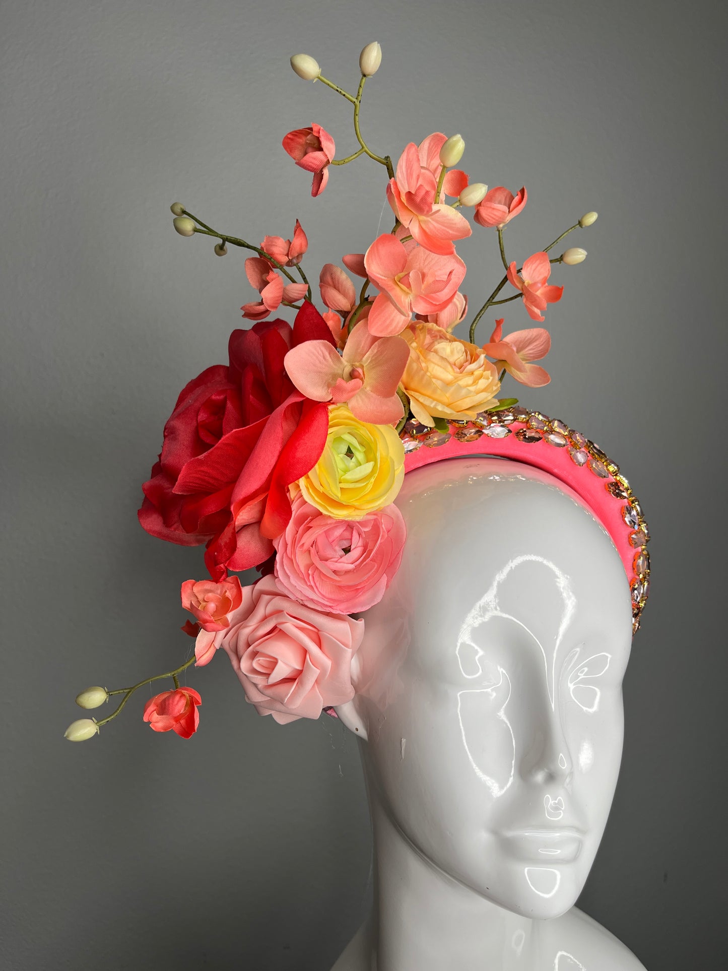 Coral and Pink Floral Fascinator with Yellow Blooms and Jeweled Headband