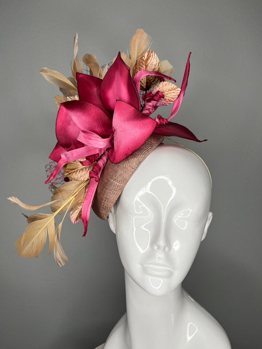 Mocha Brown Fascinator with Sculptural Fuchsia Pink Vintage Petals and Gold Feather Accents Kentucky Derby