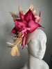 Mocha Brown Fascinator with Sculptural Fuchsia Pink Vintage Petals and Gold Feather Accents Kentucky Derby
