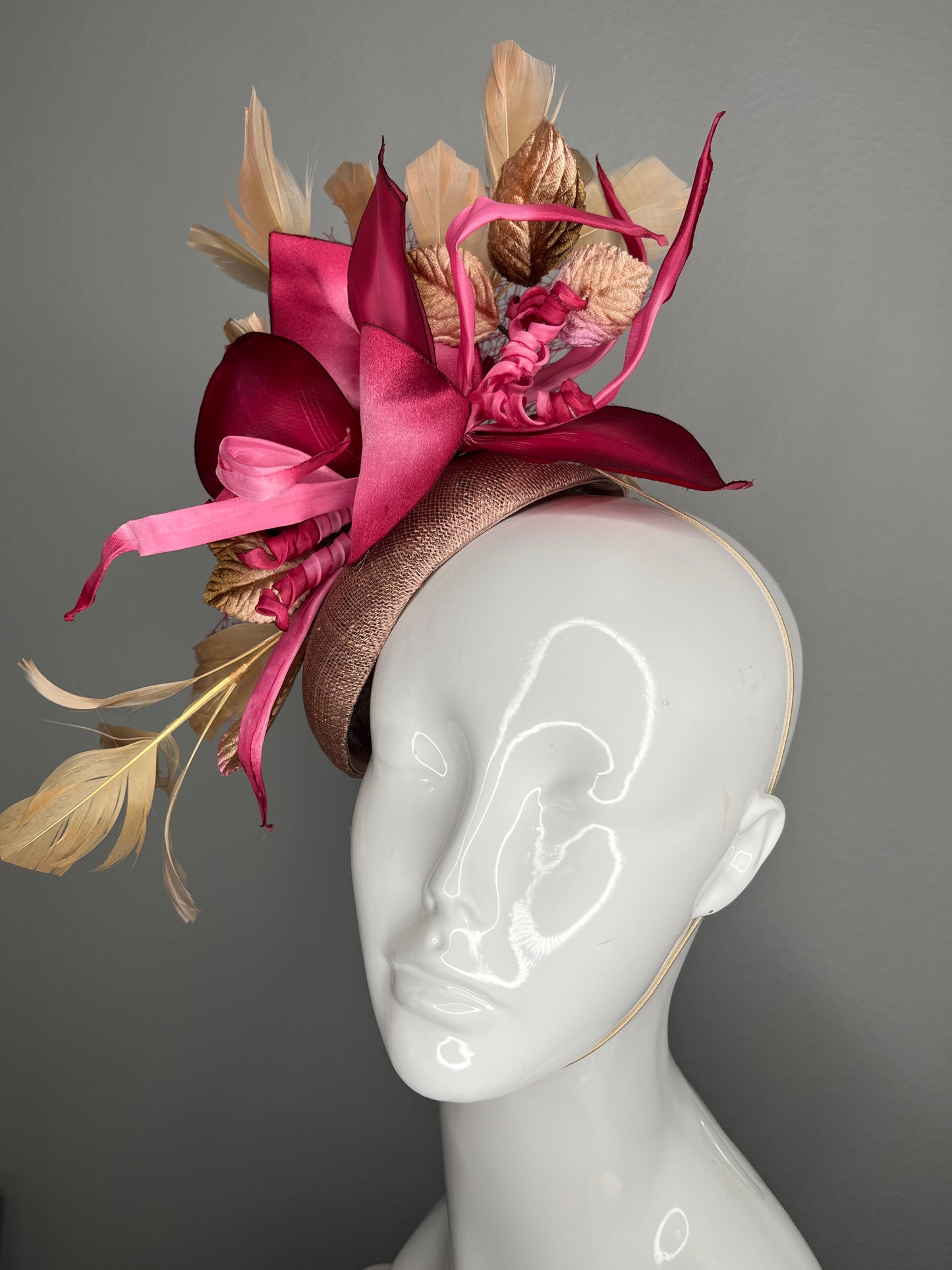 Mocha Brown Fascinator with Sculptural Fuchsia Pink Vintage Petals and Gold Feather Accents Kentucky Derby