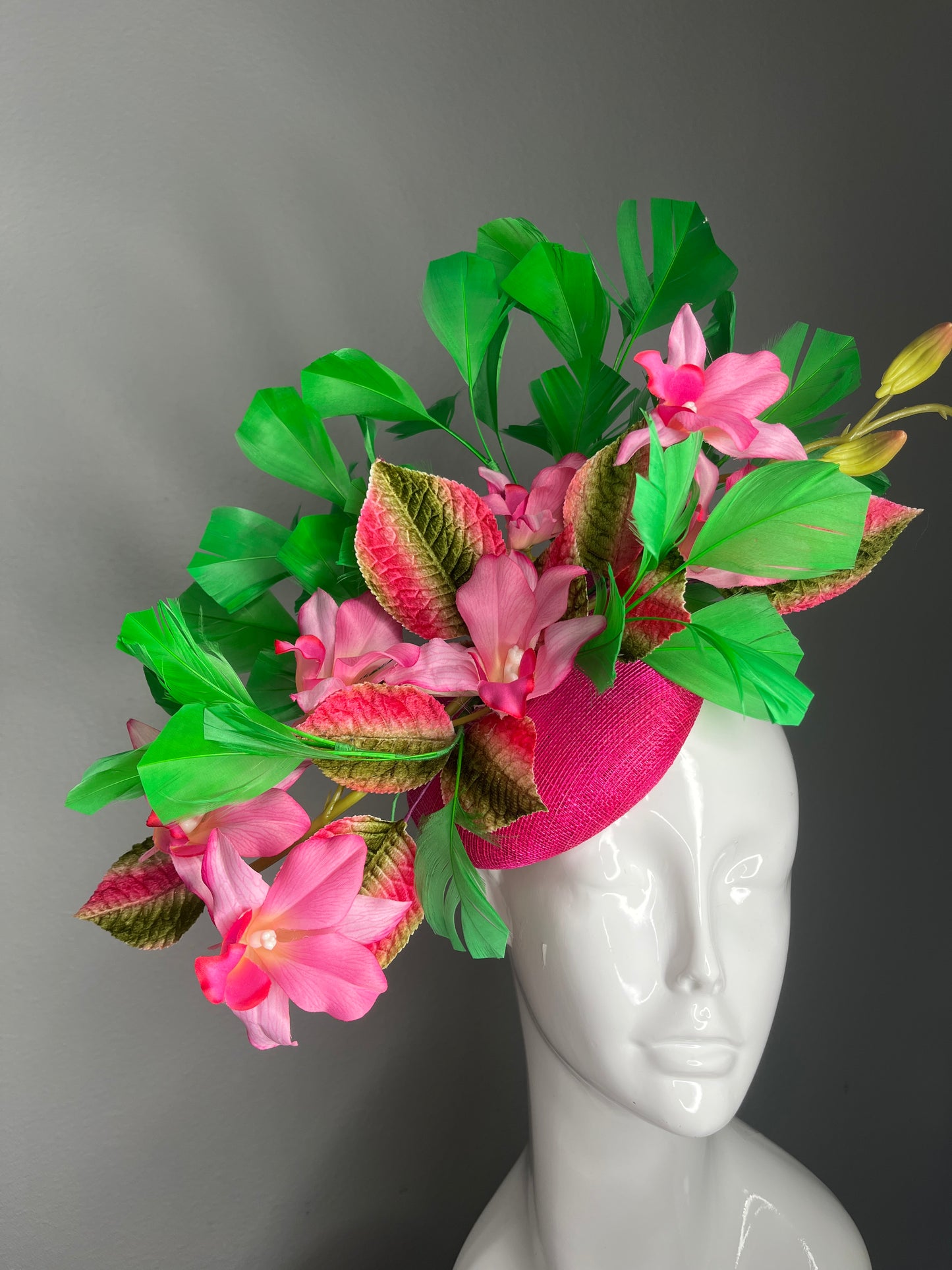 Pink Orchid and Green Feather Velvet Leaves Fascinator Kentucky Derby Kentucky Oaks