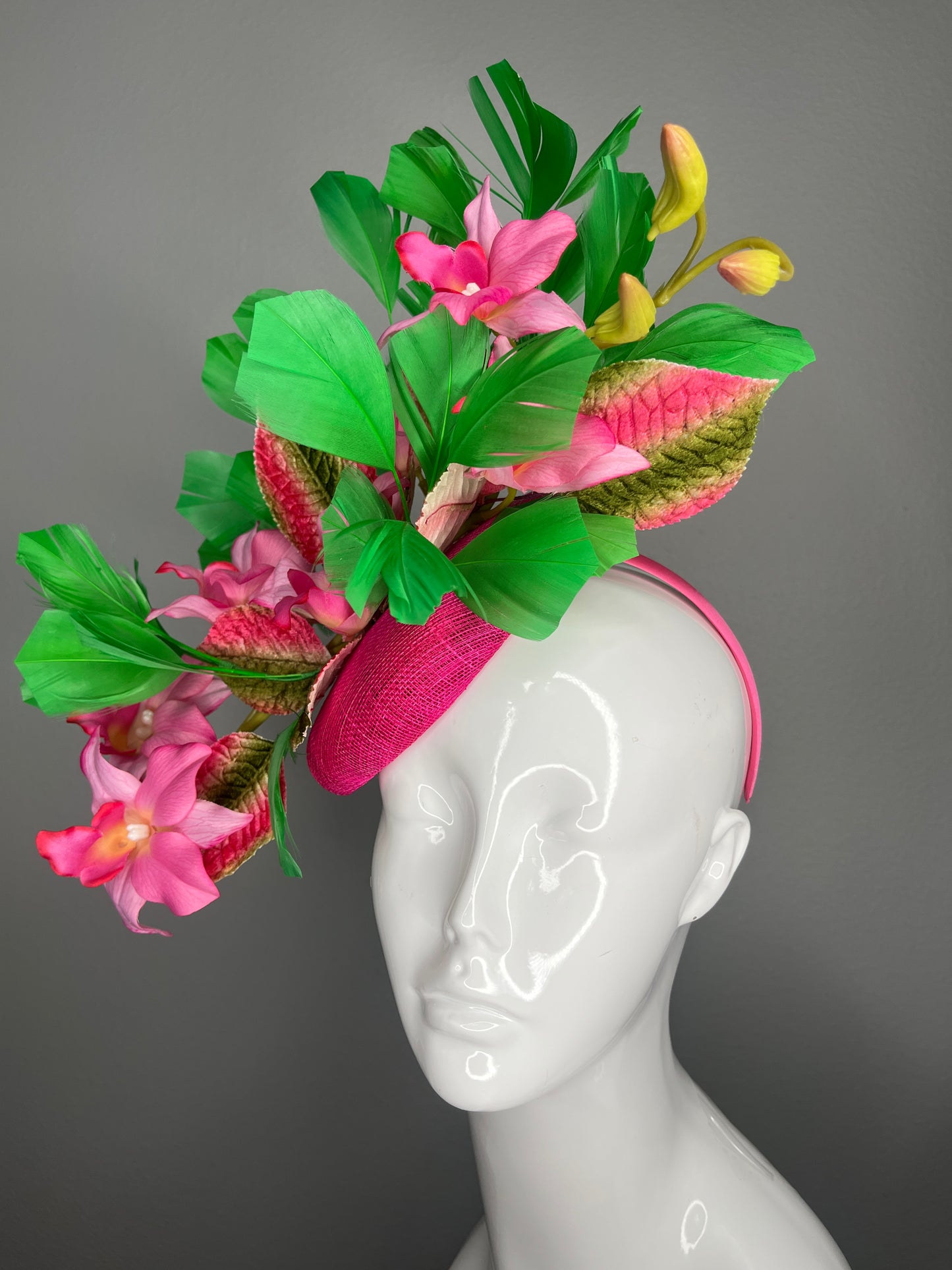 Pink Orchid and Green Feather Velvet Leaves Fascinator Kentucky Derby Kentucky Oaks