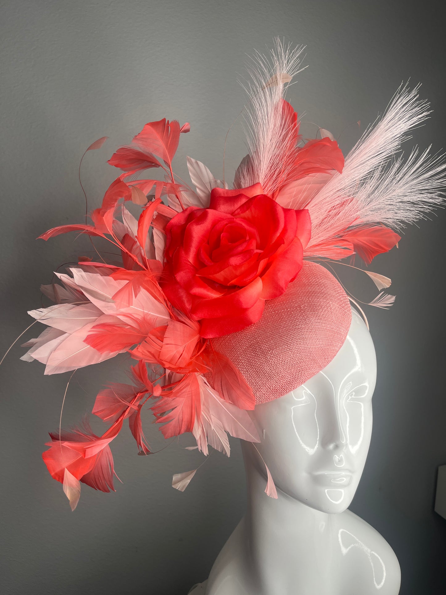 Coral and Blush Rose Feather Fascinator Hat Kentucky Derby
