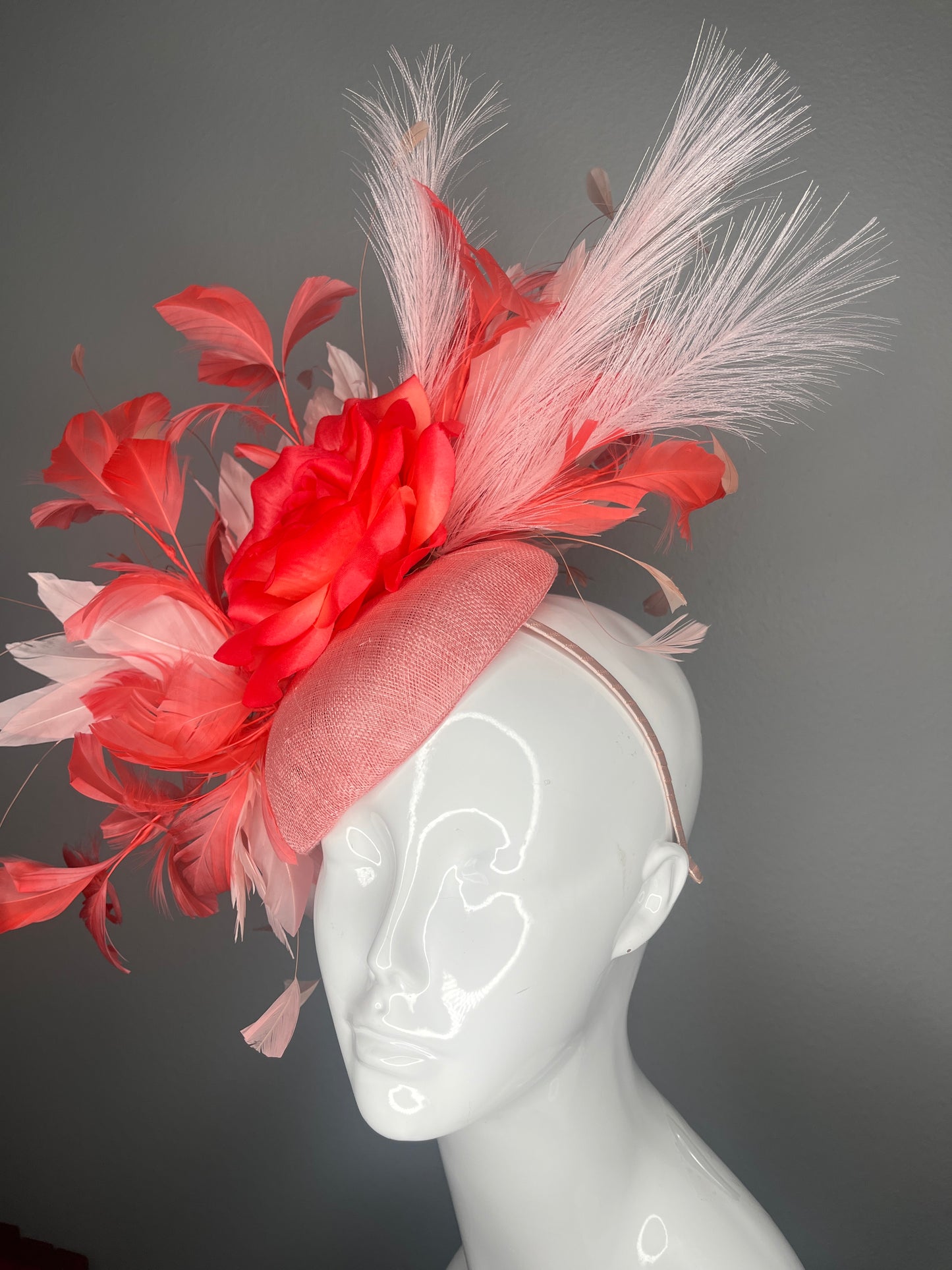 Coral and Blush Rose Feather Fascinator Hat Kentucky Derby