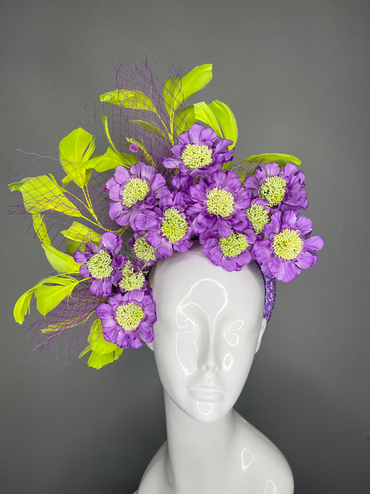 Purple Floral Yellow Green Chartreuse Feather Fascinator Hat Kentucky Derby