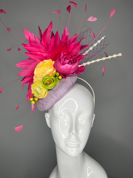 Pink Feather Yellow Magenta Green Florals Lavender Base Fascinator Hat Kentucky Derby