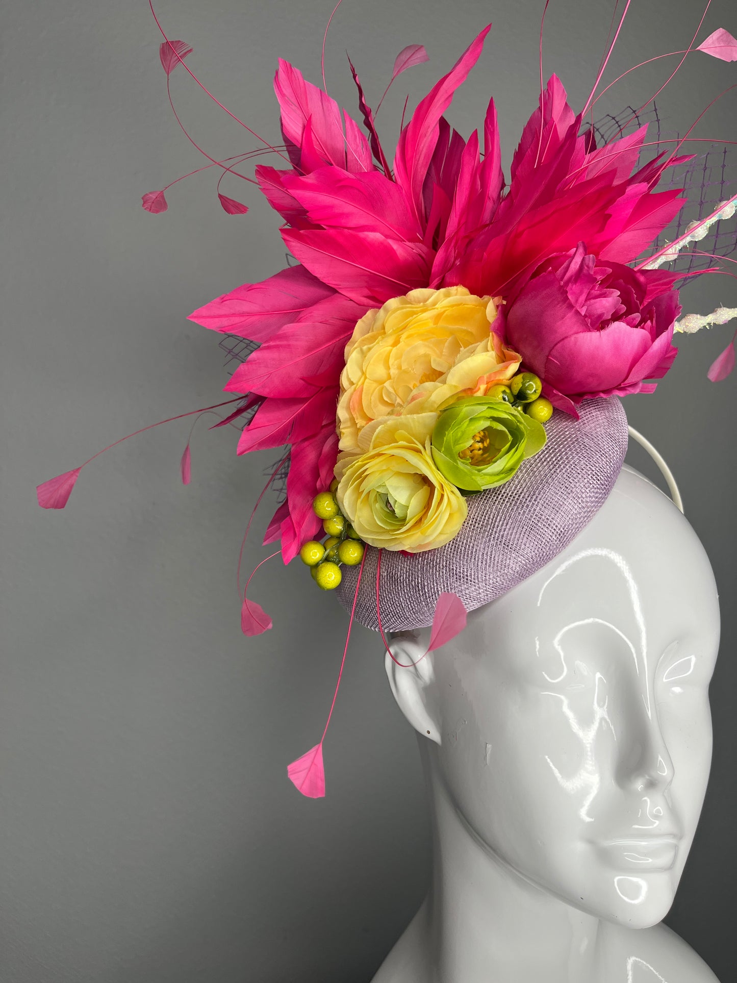 Pink Feather Yellow Magenta Green Florals Lavender Base Fascinator Hat Kentucky Derby