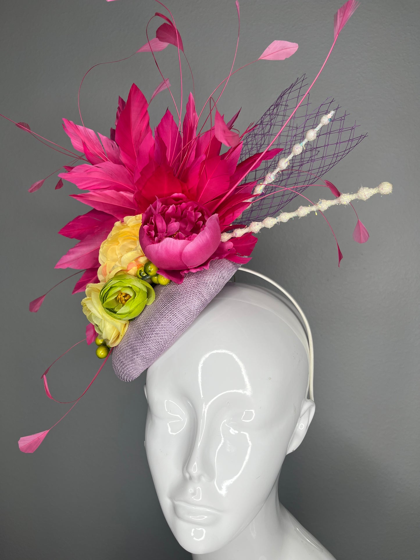 Pink Feather Yellow Magenta Green Florals Lavender Base Fascinator Hat Kentucky Derby