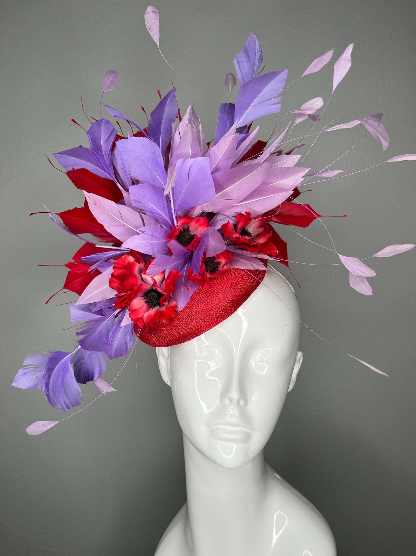 Red Floral and Lavender Purple and Red Feather Fascinator Hat Kentucky Derby Red Hat Society