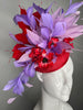 Red Floral and Lavender Purple and Red Feather Fascinator Hat Kentucky Derby Red Hat Society