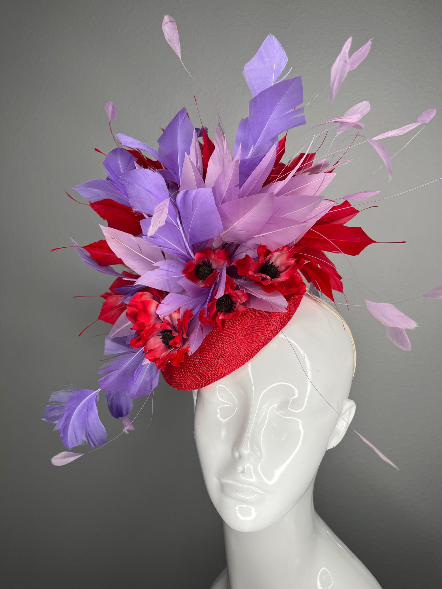 Red Floral and Lavender Purple and Red Feather Fascinator Hat Kentucky Derby Red Hat Society