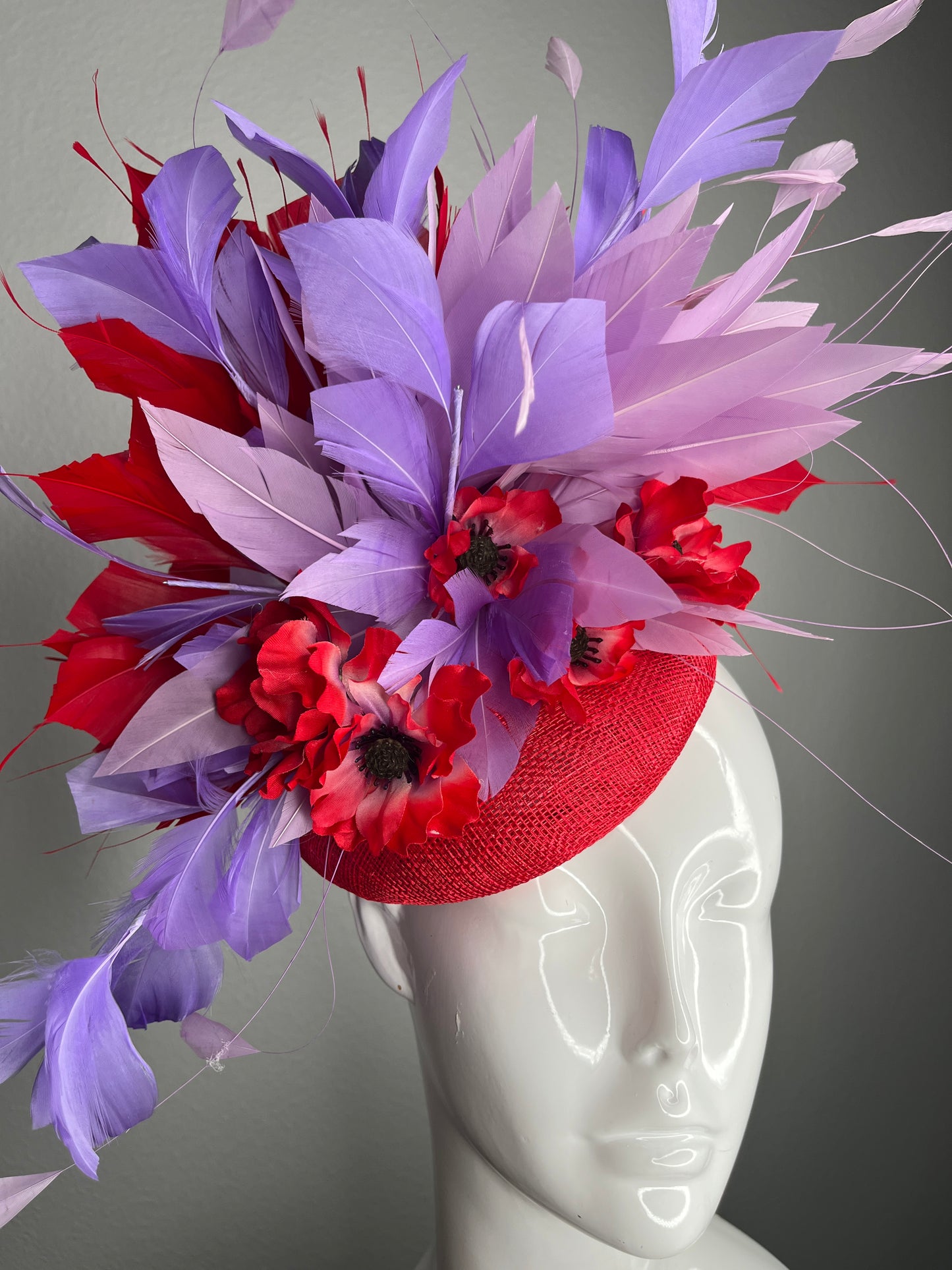 Red Floral and Lavender Purple and Red Feather Fascinator Hat Kentucky Derby Red Hat Society