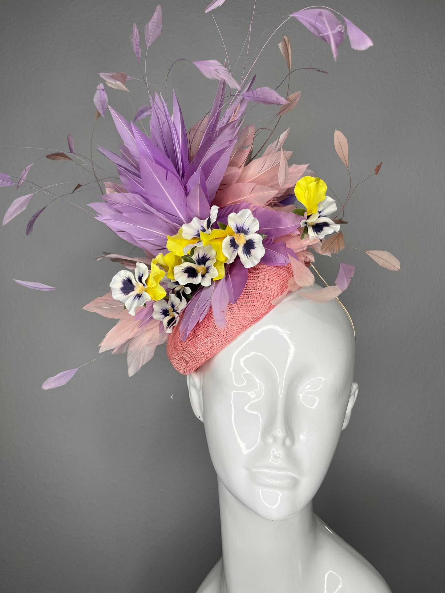 Purple and Yellow Pansies with Lavender and Blush Feather Fascinator Hat Kentucky Derby