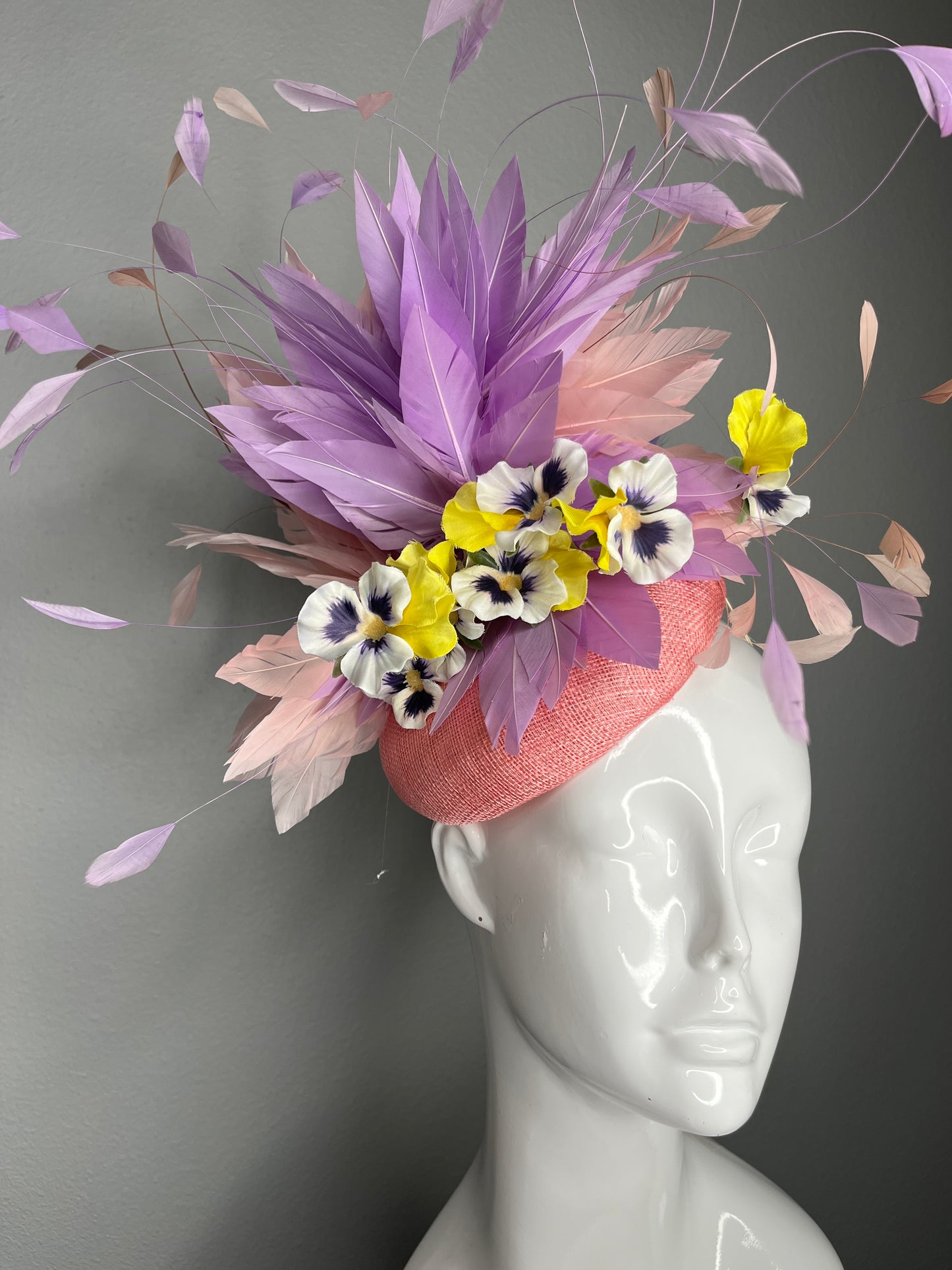 Purple and Yellow Pansies with Lavender and Blush Feather Fascinator Hat Kentucky Derby