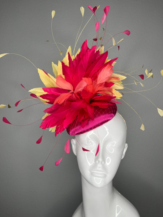Fuchsia Pink  Coral and Yellow Feather Fascinator Kentucky Derby