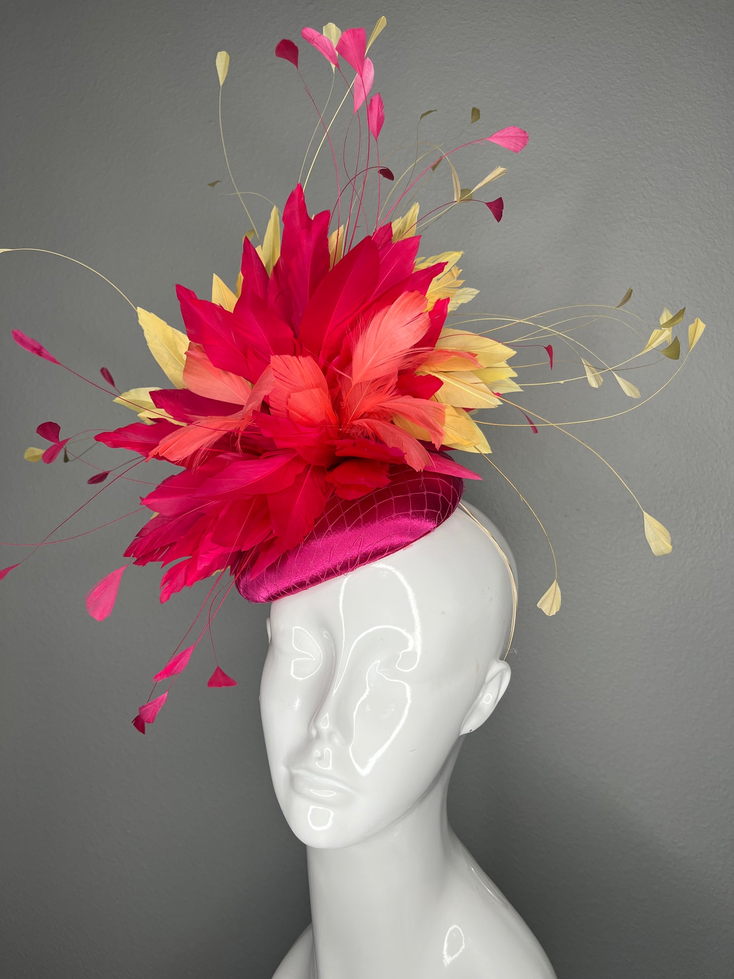 Fuchsia Pink  Coral and Yellow Feather Fascinator Kentucky Derby