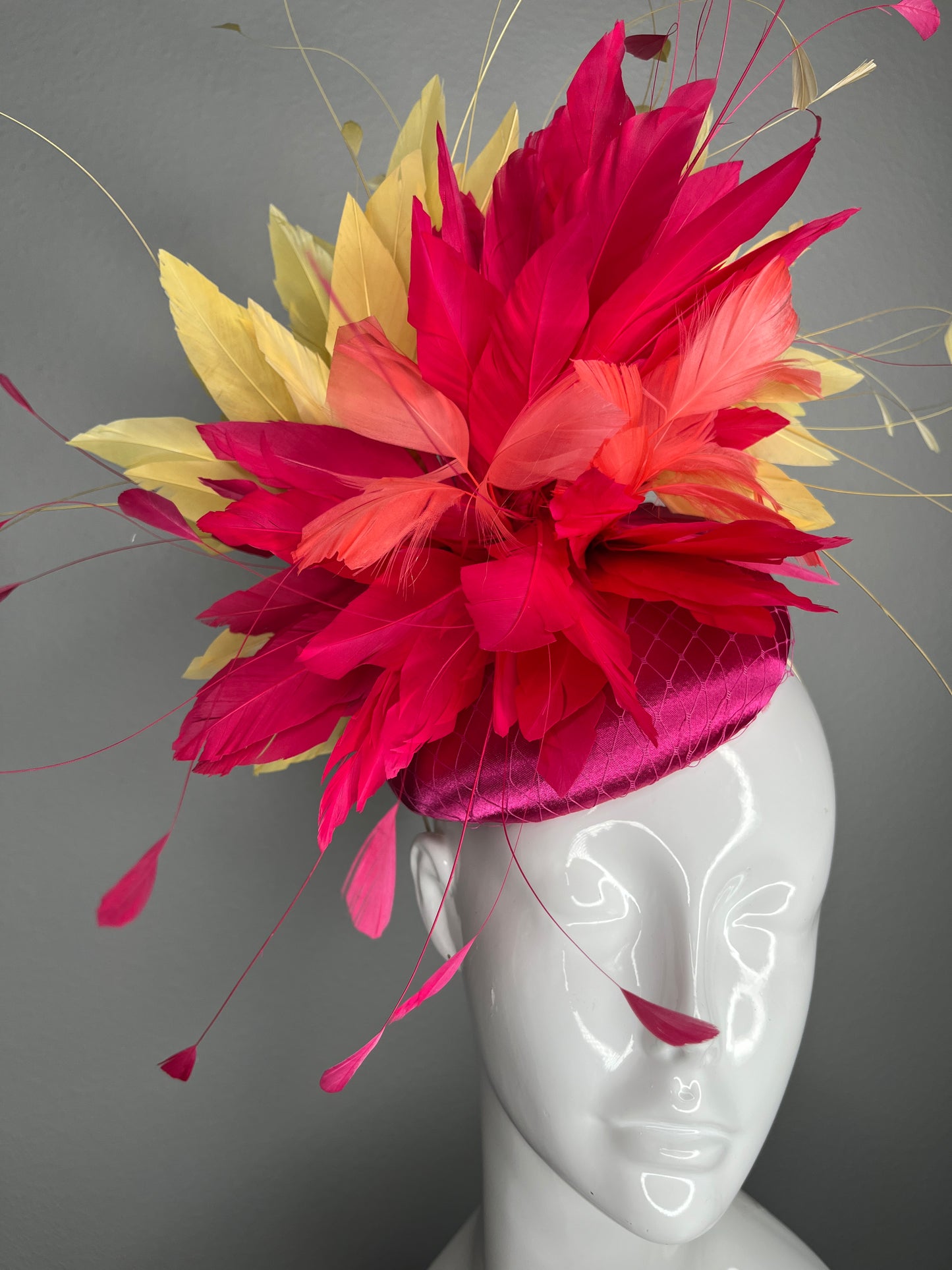 Fuchsia Pink  Coral and Yellow Feather Fascinator Kentucky Derby