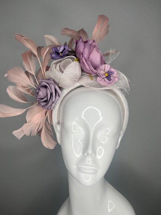 Lavender Purple Garden Floral and Blush Feather Fascinator Headband Kentucky Derby