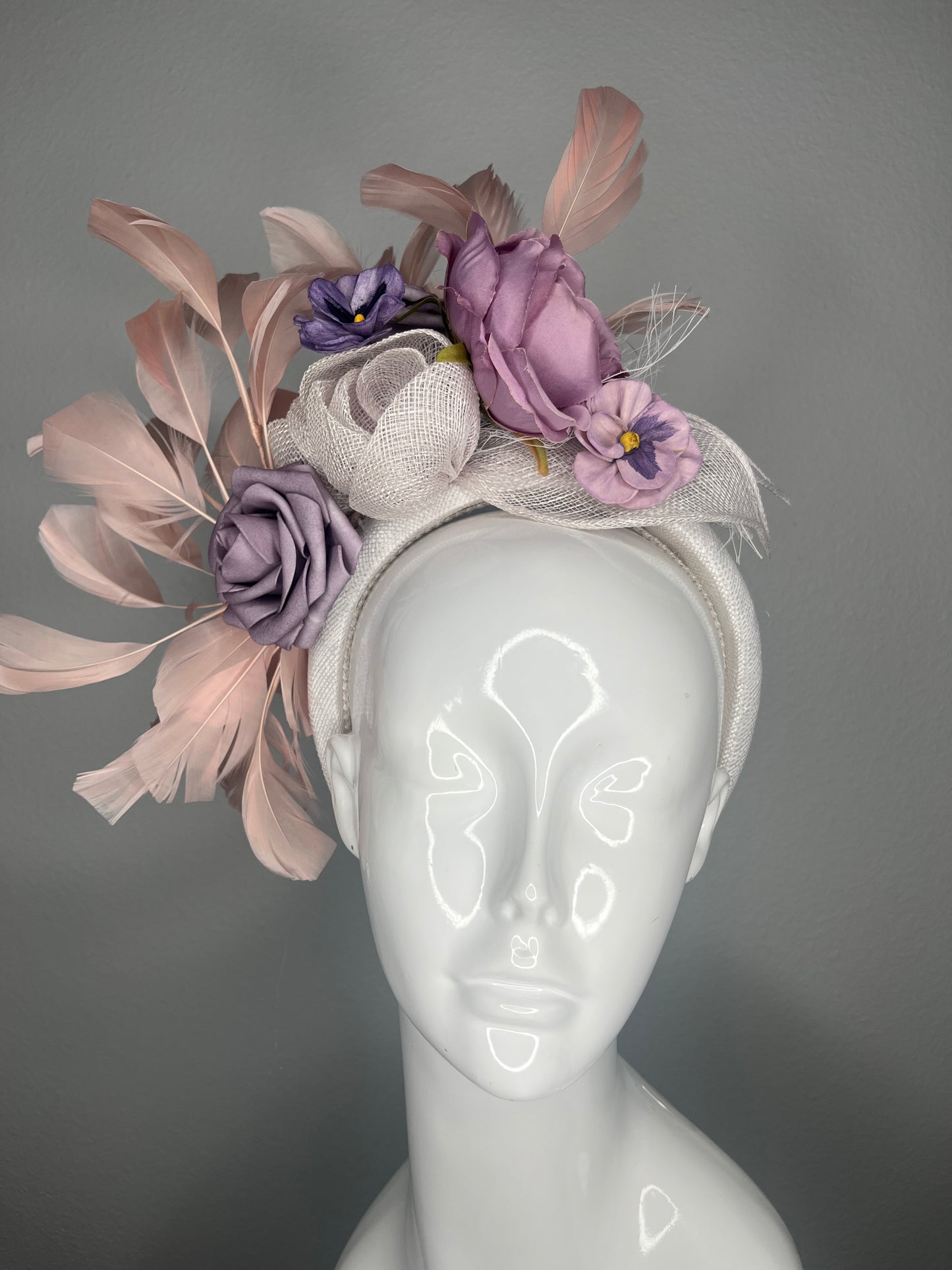 Lavender Purple Garden Floral and Blush Feather Fascinator Headband Kentucky Derby