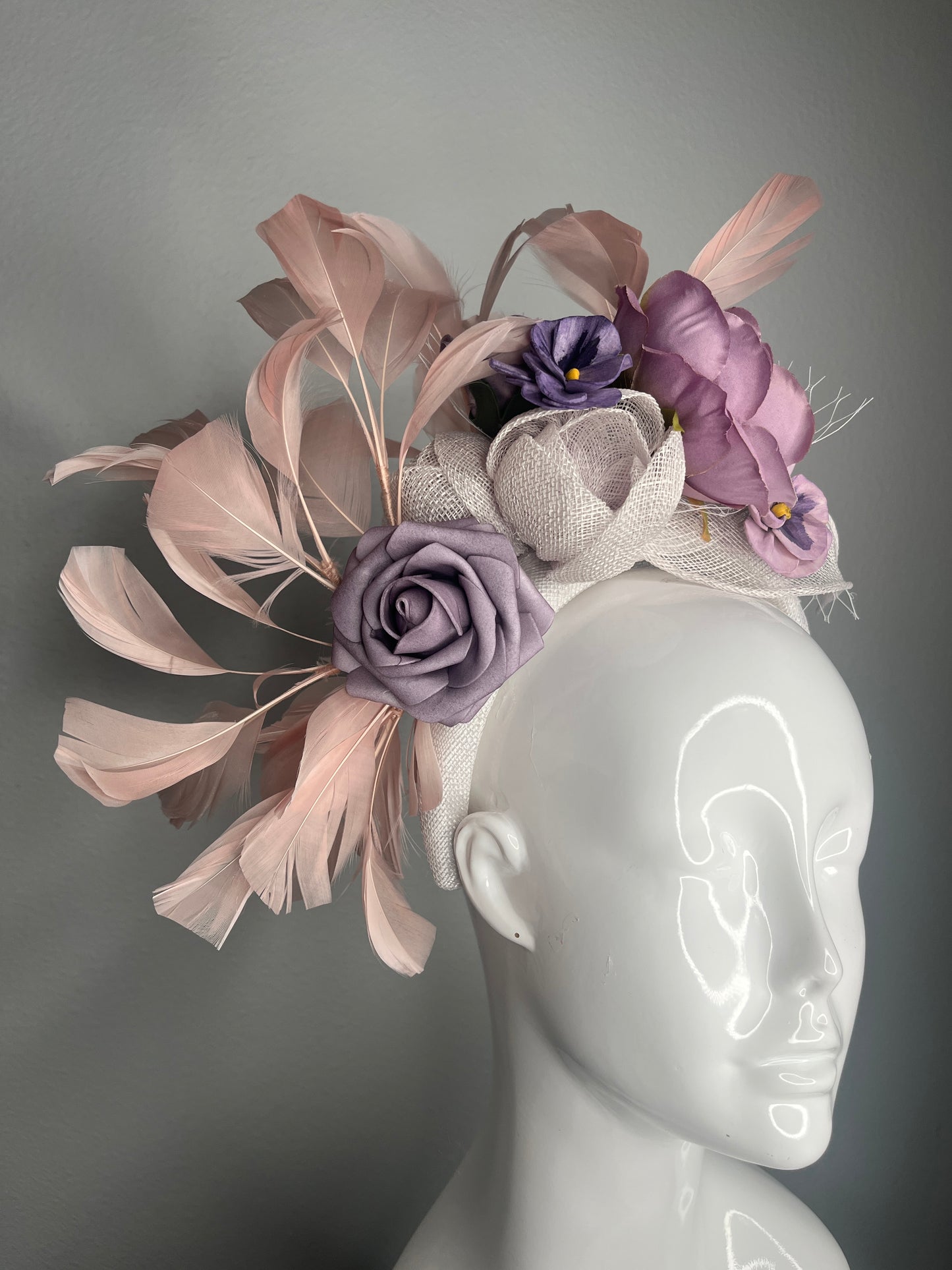 Lavender Purple Garden Floral and Blush Feather Fascinator Headband Kentucky Derby