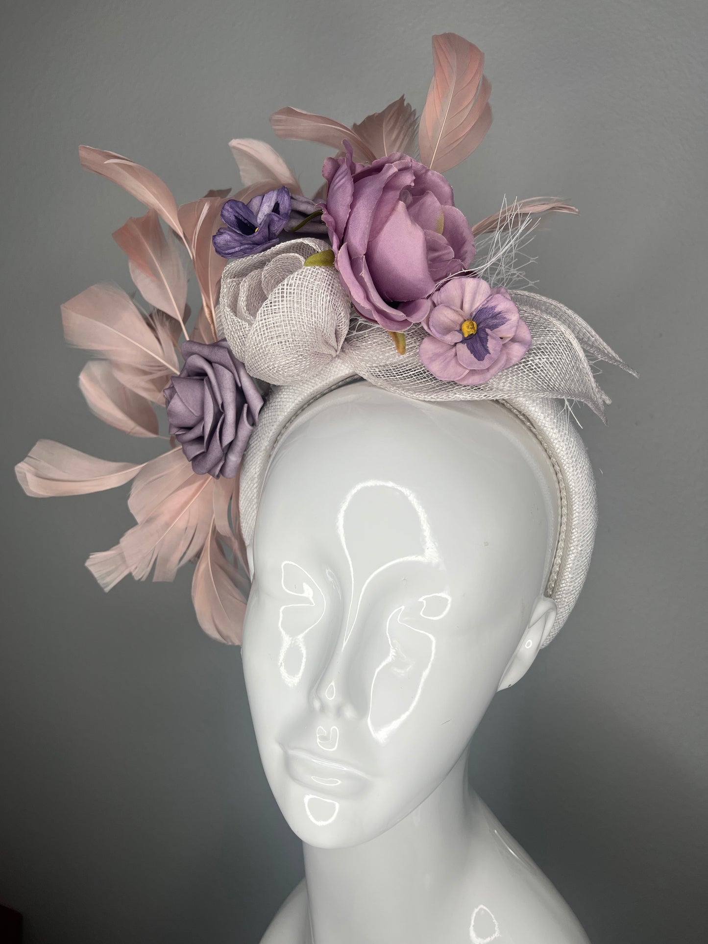 Lavender Purple Garden Floral and Blush Feather Fascinator Headband Kentucky Derby