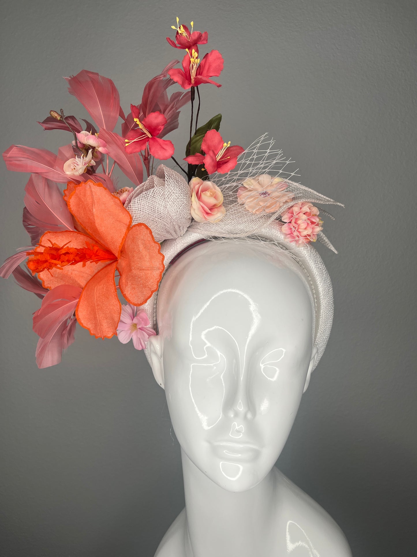Tropical Bloom Coral and Pink Floral Feather Fascinator Headband