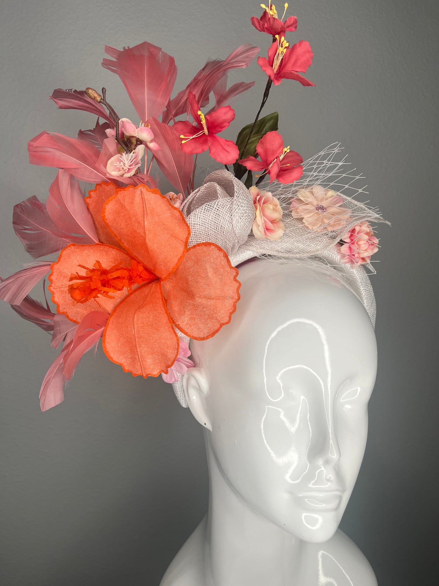 Tropical Bloom Coral and Pink Floral Feather Fascinator Headband