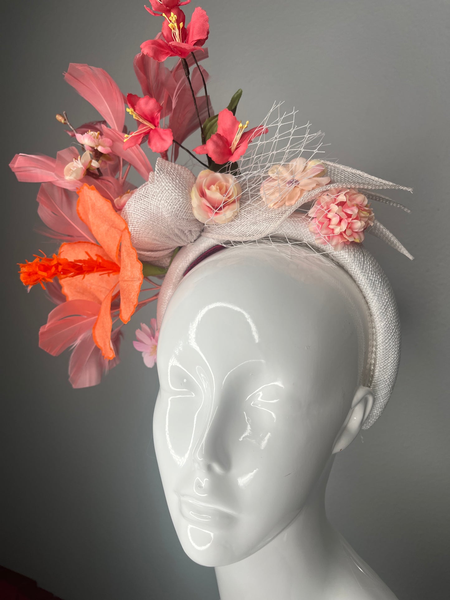 Tropical Bloom Coral and Pink Floral Feather Fascinator Headband