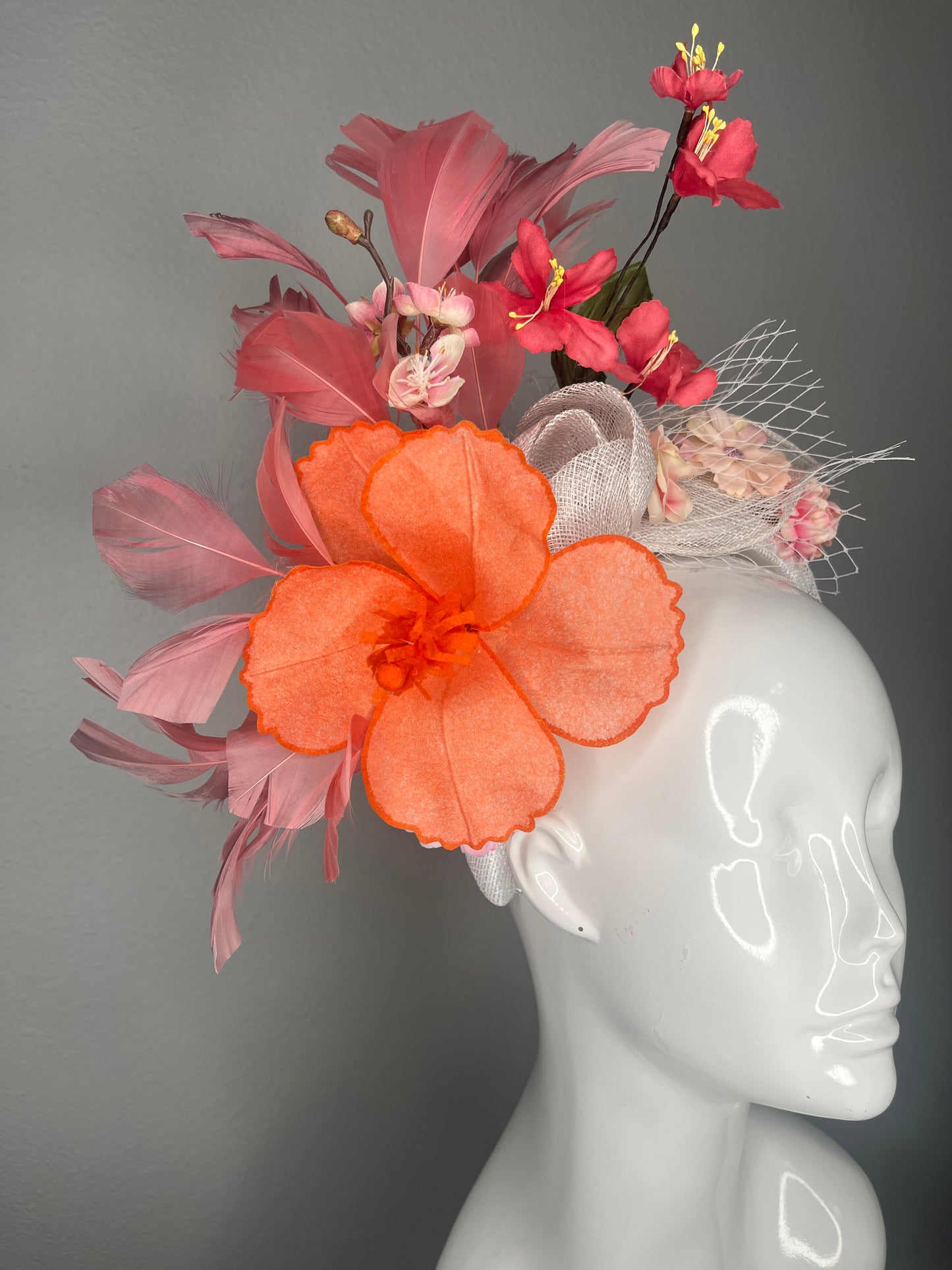 Tropical Bloom Coral and Pink Floral Feather Fascinator Headband