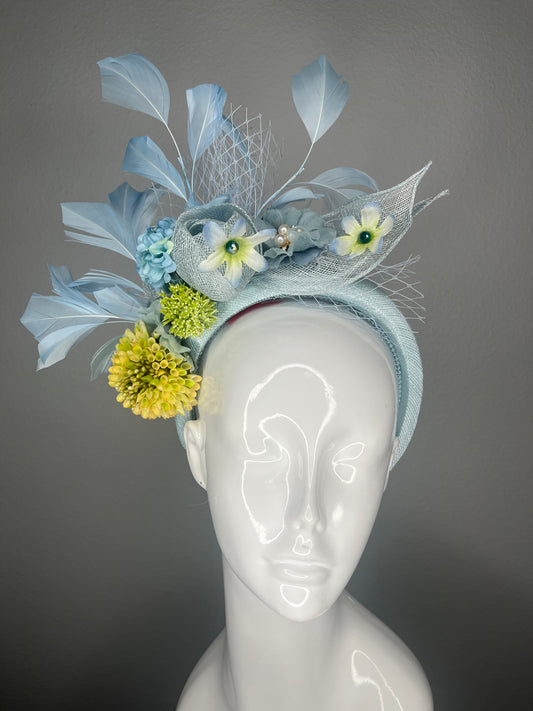 Powder Blue Fascinator Headband with Feathers Yellow and Lime Flowers and Veiling