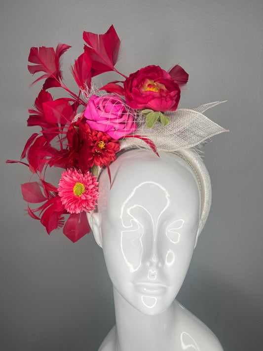 Red and Hot Pink Floral Fascinator Headband with Feathers and Ivory Veiling