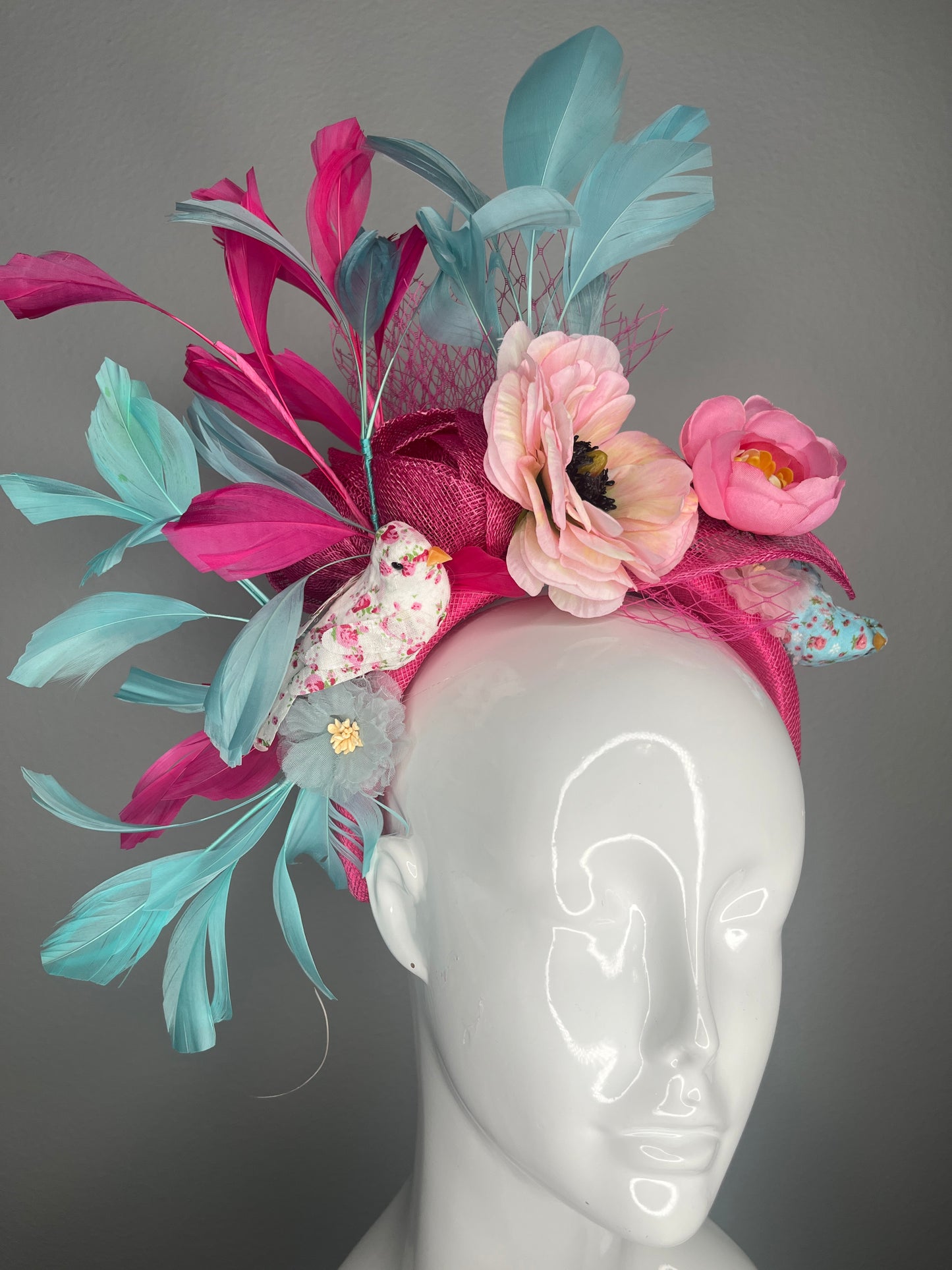 Fuchsia Pink and  Aqua Floral Bird Feather Fascinator Headband  Kentucky Derby Headpiece