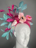 Fuchsia Pink and  Aqua Floral Bird Feather Fascinator Headband  Kentucky Derby Headpiece