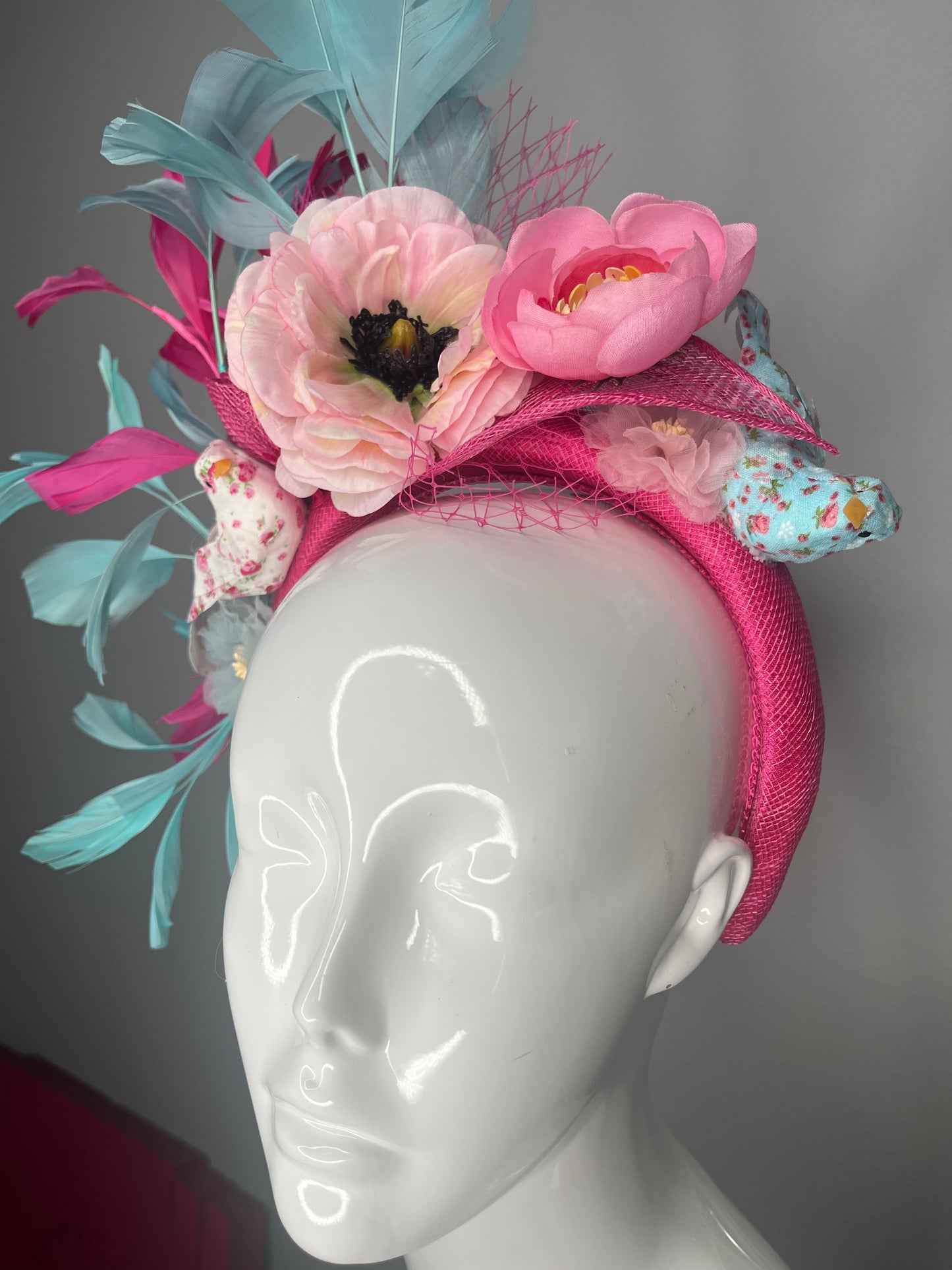 Fuchsia Pink and  Aqua Floral Bird Feather Fascinator Headband  Kentucky Derby Headpiece