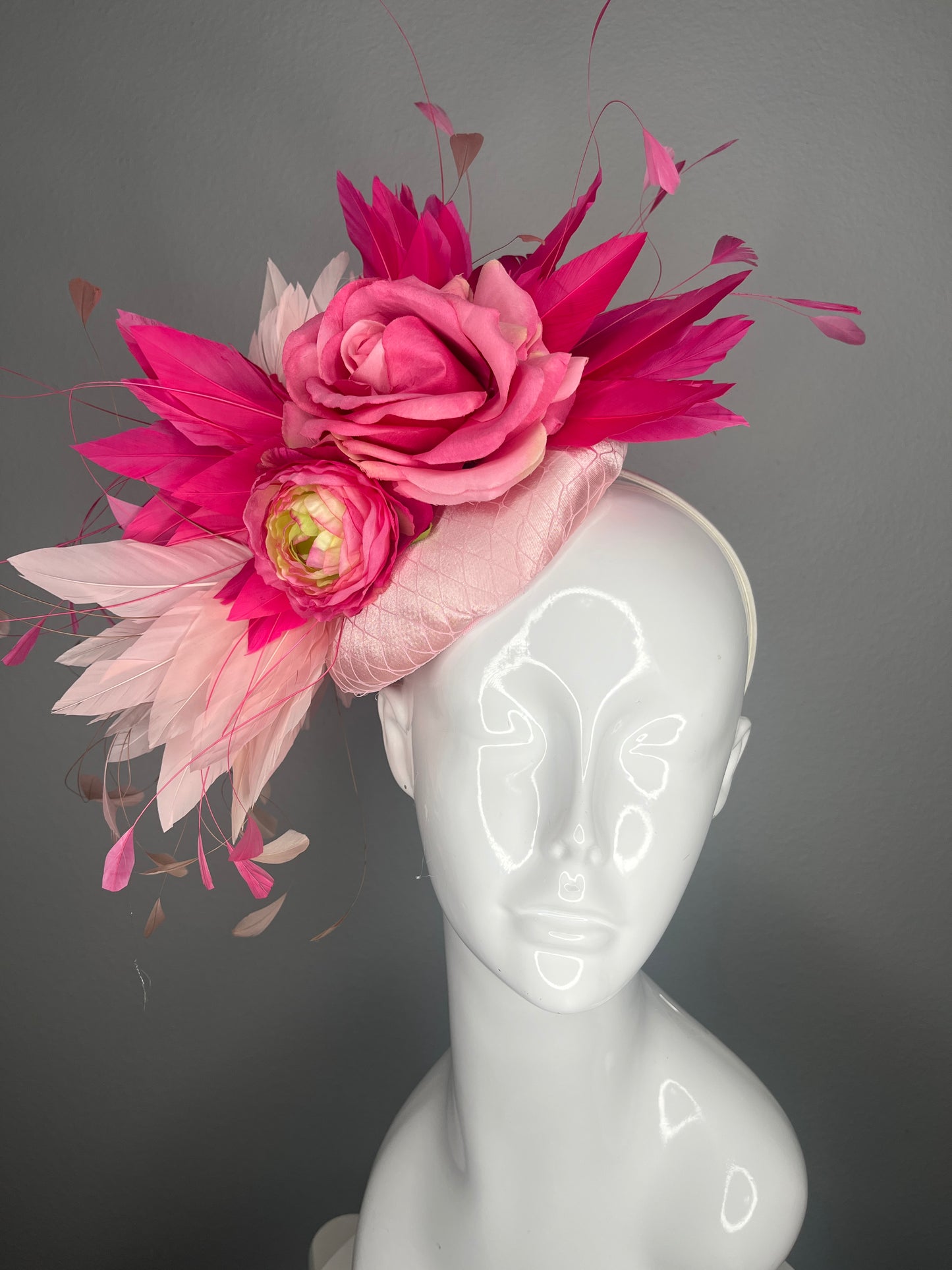 Blush Pink  Fuchsia Floral Feather Fascinator Hat  Kentucky Derby Headpiece