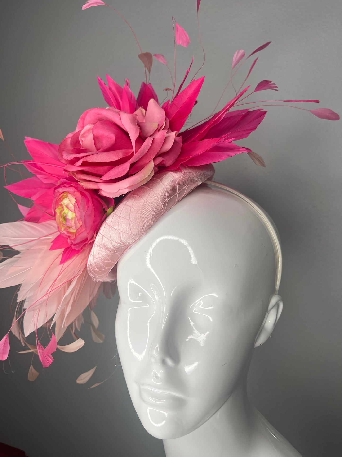 Blush Pink  Fuchsia Floral Feather Fascinator Hat  Kentucky Derby Headpiece