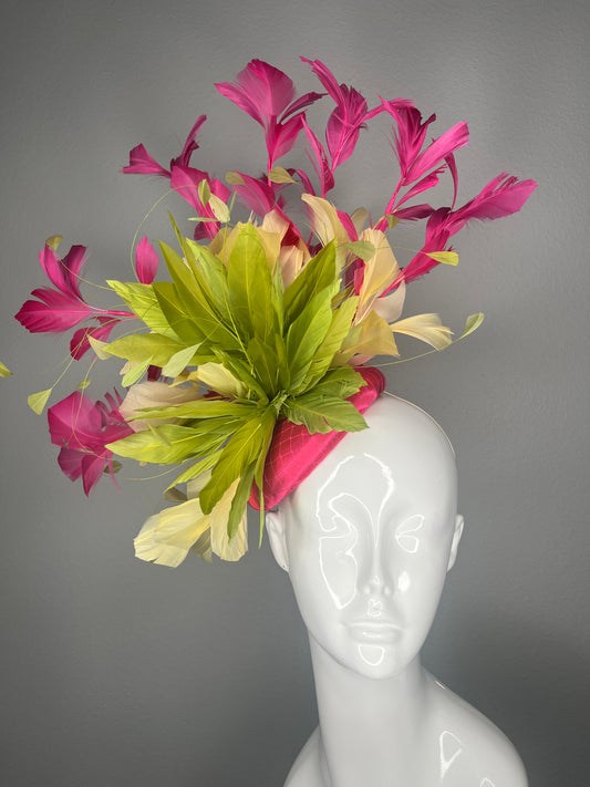 Fuchsia Pink Lime Green and Pale Yellow Feather Fascinator  Kentucky Derby Headpiece