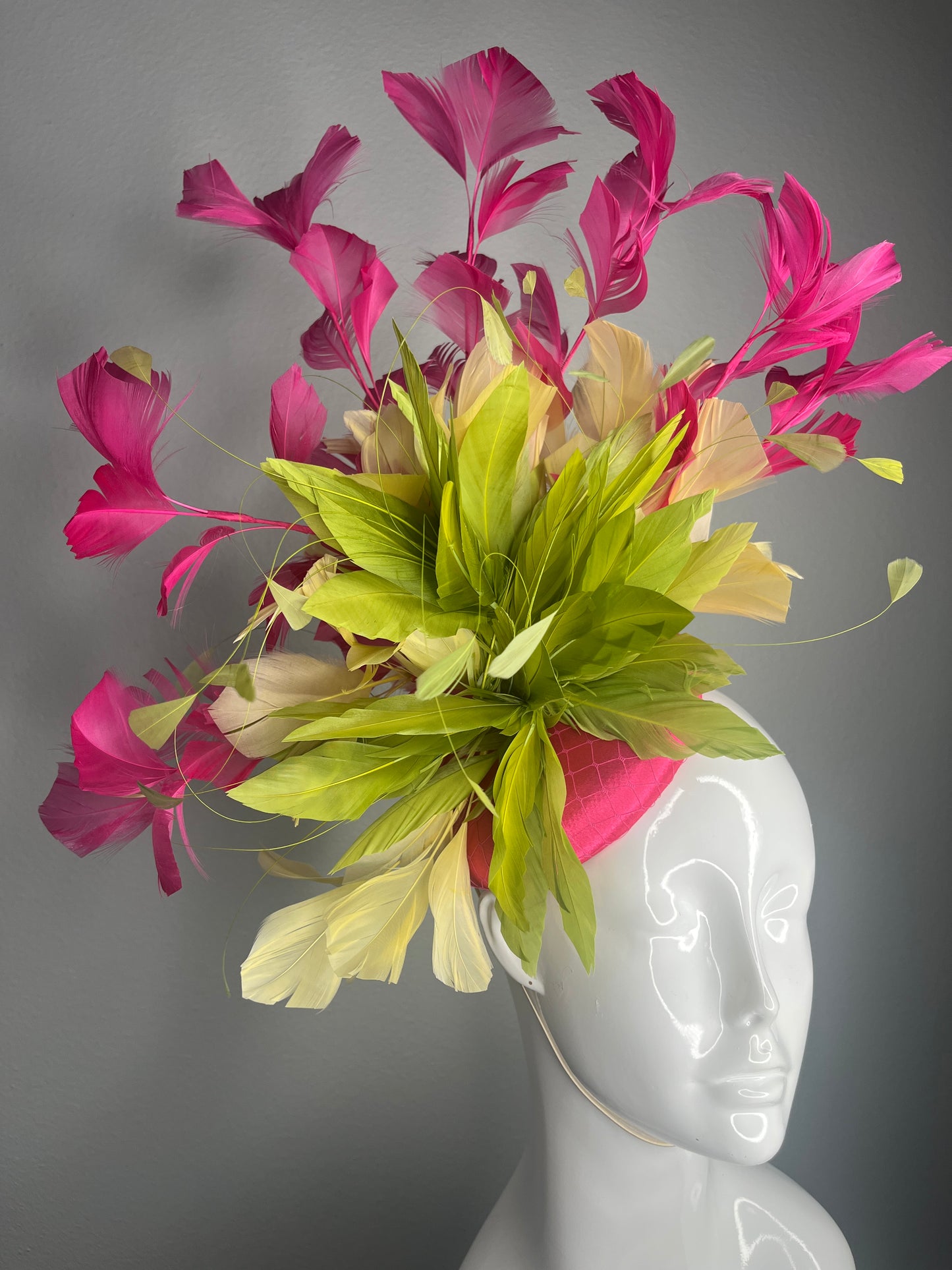 Fuchsia Pink Lime Green and Pale Yellow Feather Fascinator  Kentucky Derby Headpiece