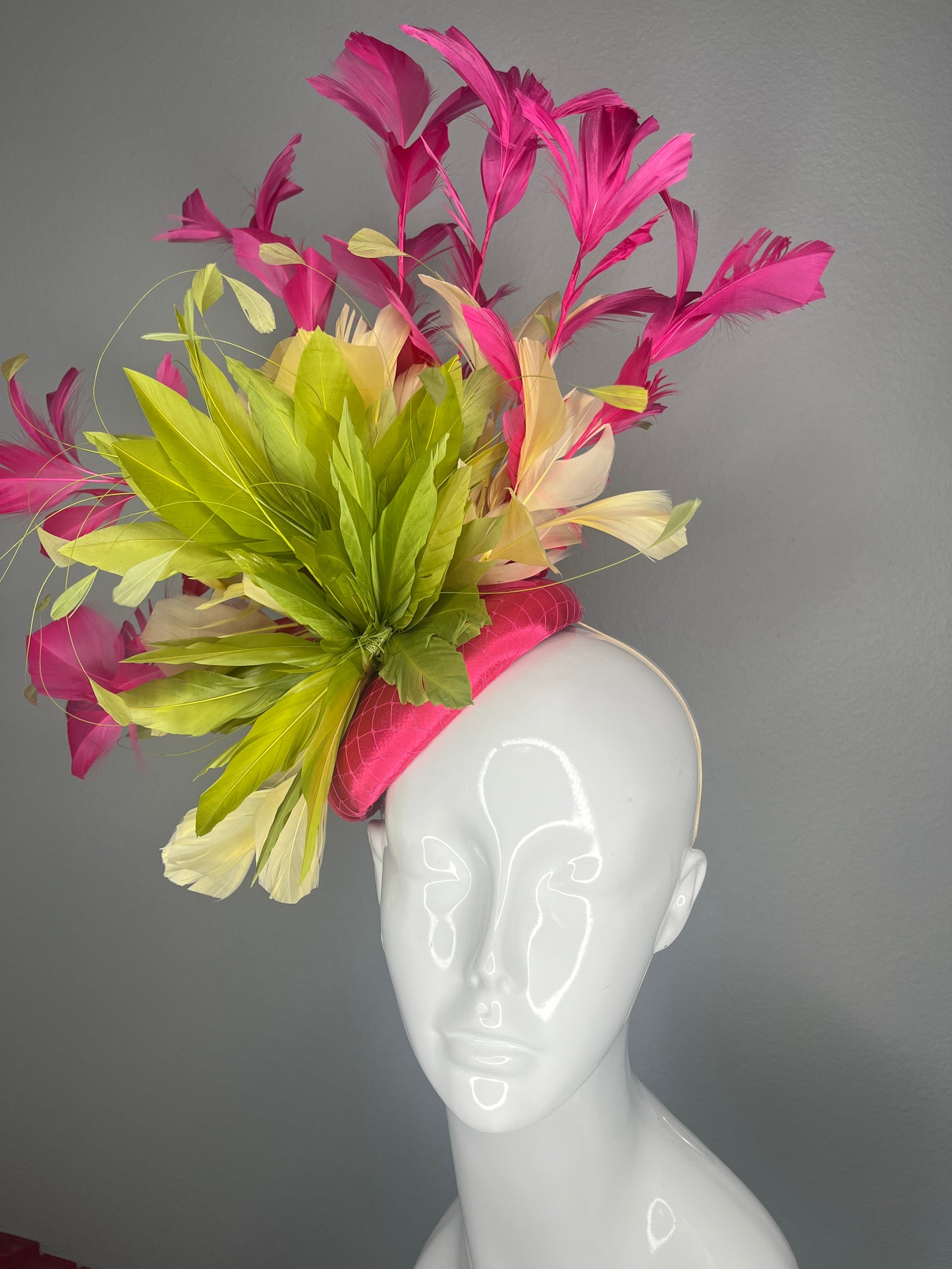 Fuchsia Pink Lime Green and Pale Yellow Feather Fascinator  Kentucky Derby Headpiece