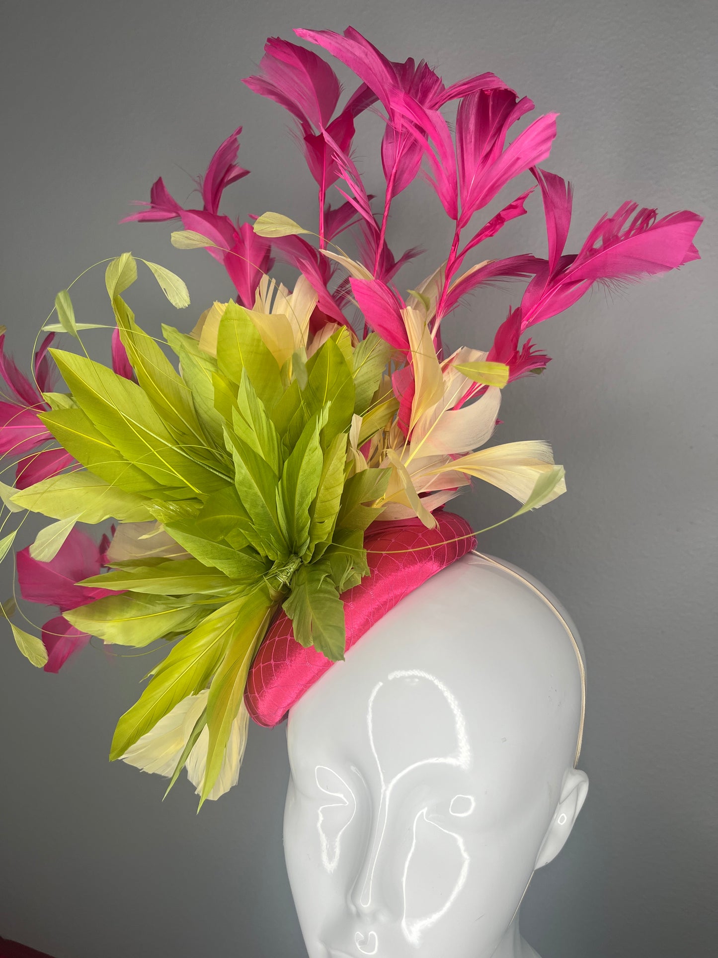 Fuchsia Pink Lime Green and Pale Yellow Feather Fascinator  Kentucky Derby Headpiece