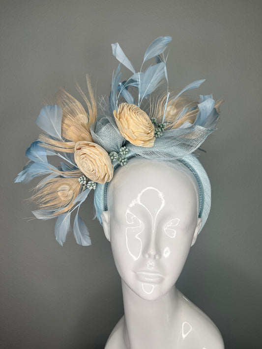 Powder Blue and Cream Floral Feather Fascinator Headband Kentucky Derby