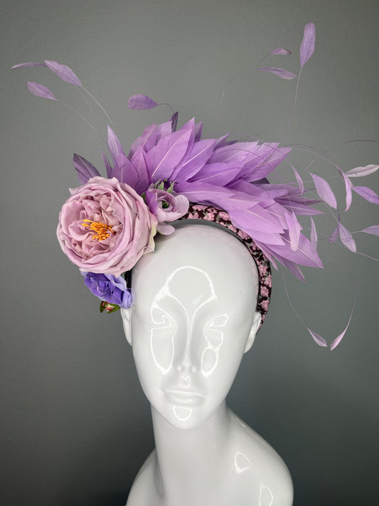 Lavender Purple Feather and Mauve Floral Fascinator Headband