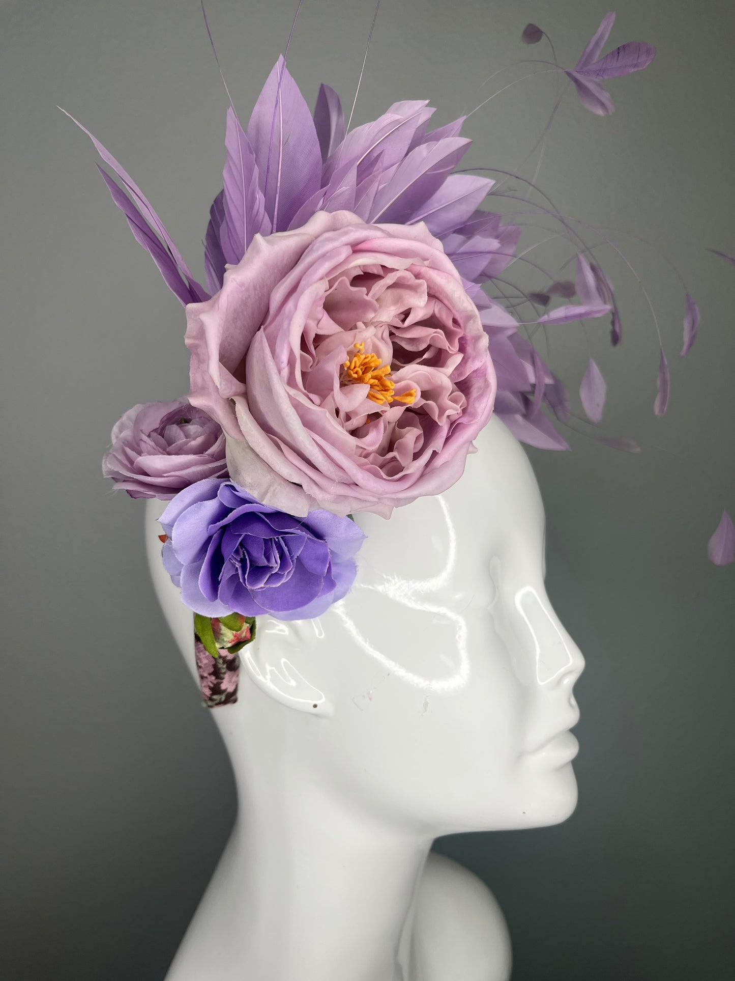 Lavender Purple Feather and Mauve Floral Fascinator Headband