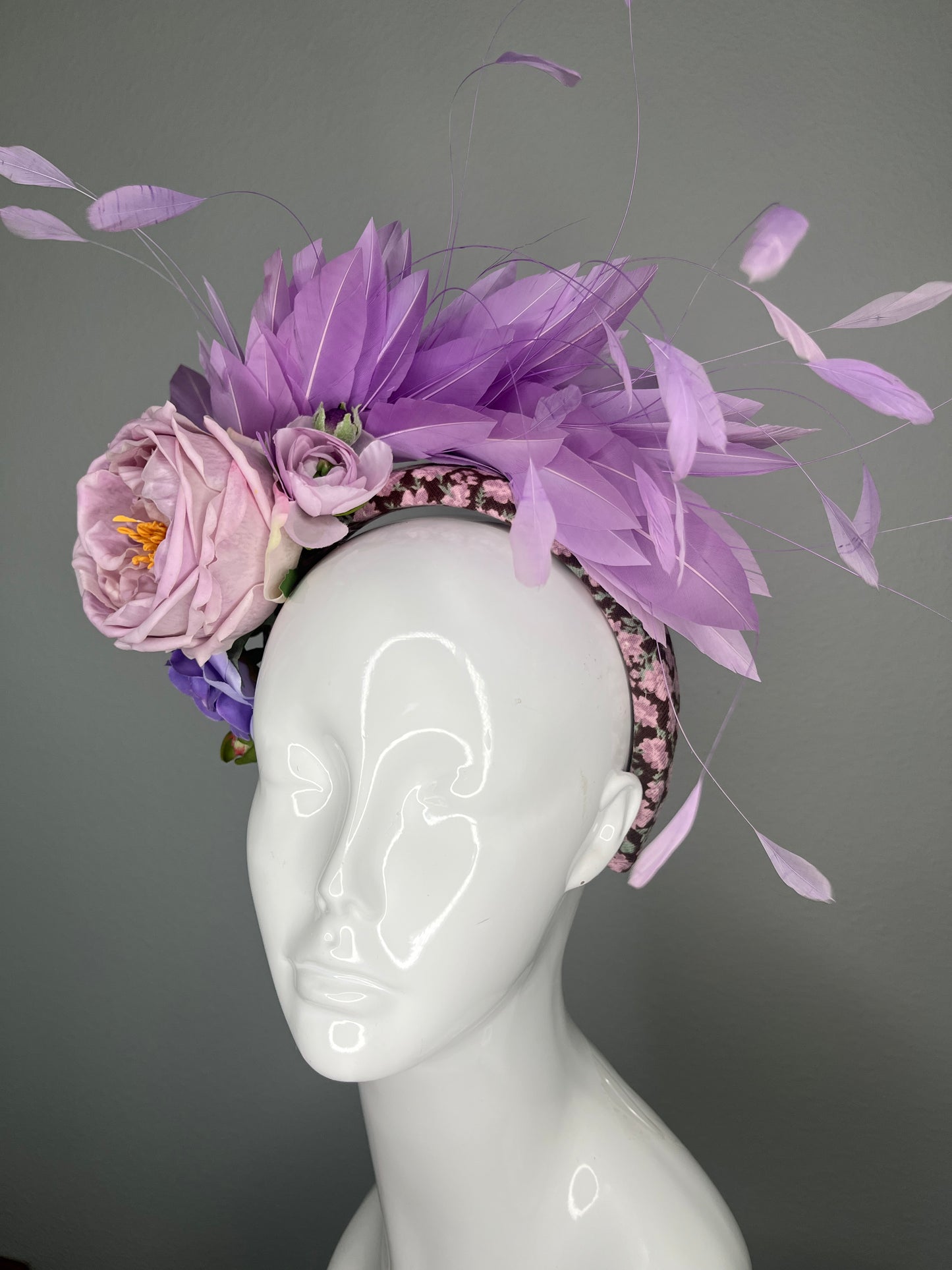 Lavender Purple Feather and Mauve Floral Fascinator Headband