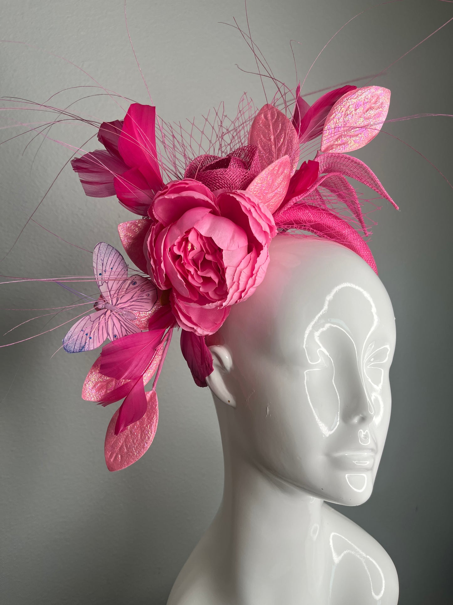 Pink Floral Fascinator Headband with Feathers  Butterfly and Iridescent Leaves Kentucky Derby