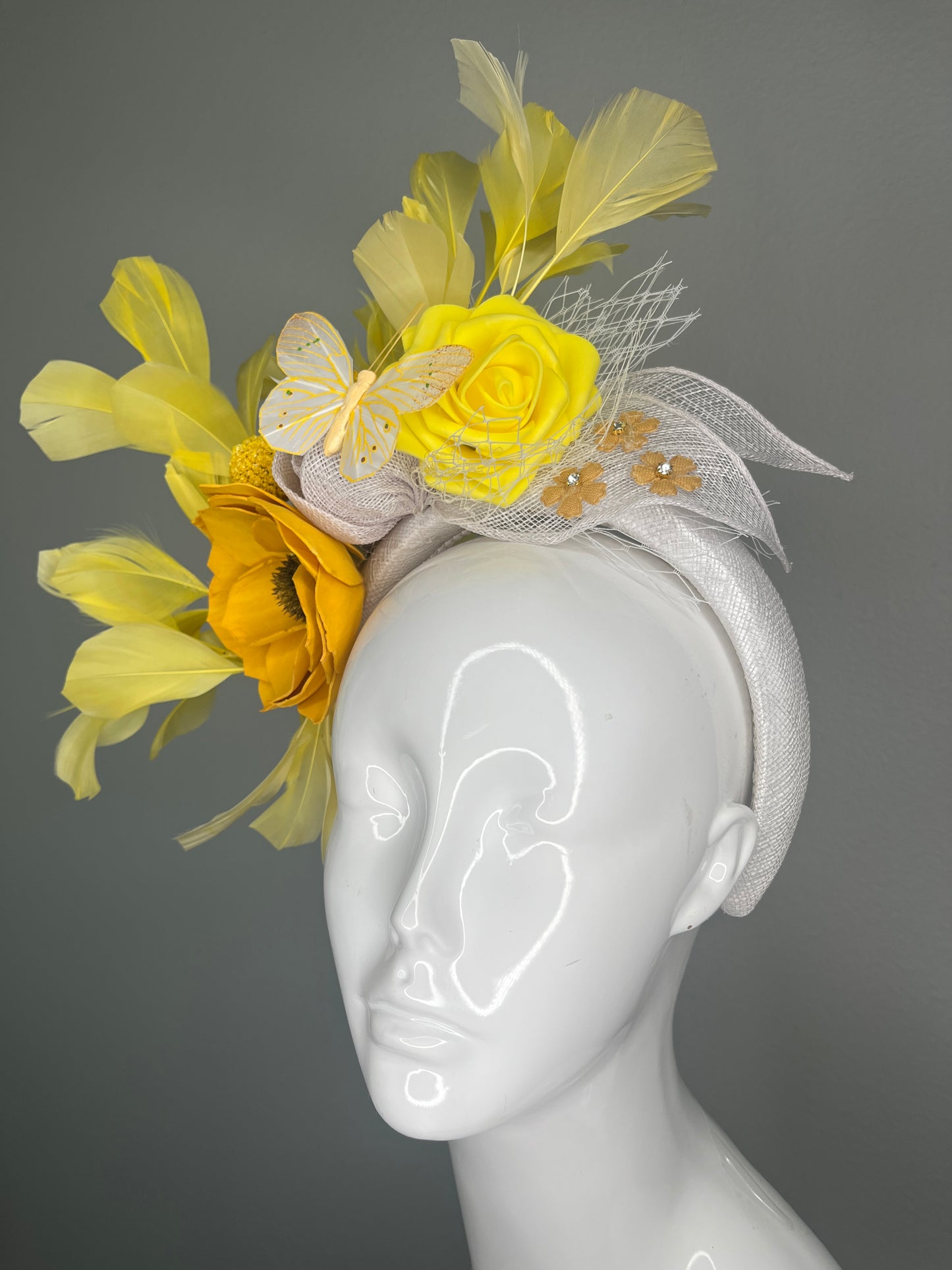 Yellow and Ivory Floral Fascinator with Feathers and Butterfly – Kentucky Derby Headpiece