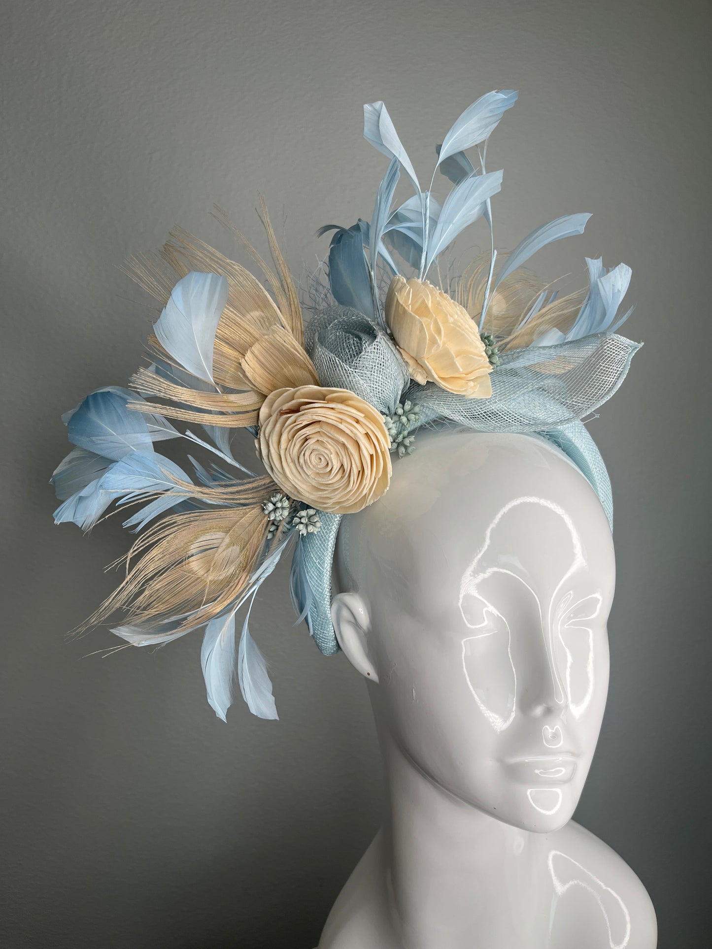 Powder Blue and Cream Floral Feather Fascinator Headband Kentucky Derby