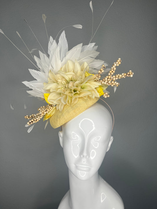 Butter Yellow Sinamay Fascinator Hat with Ivory Dahlia Flower White Feather Spray  Berry Branches  Elegant Headband  Kentucky Derby